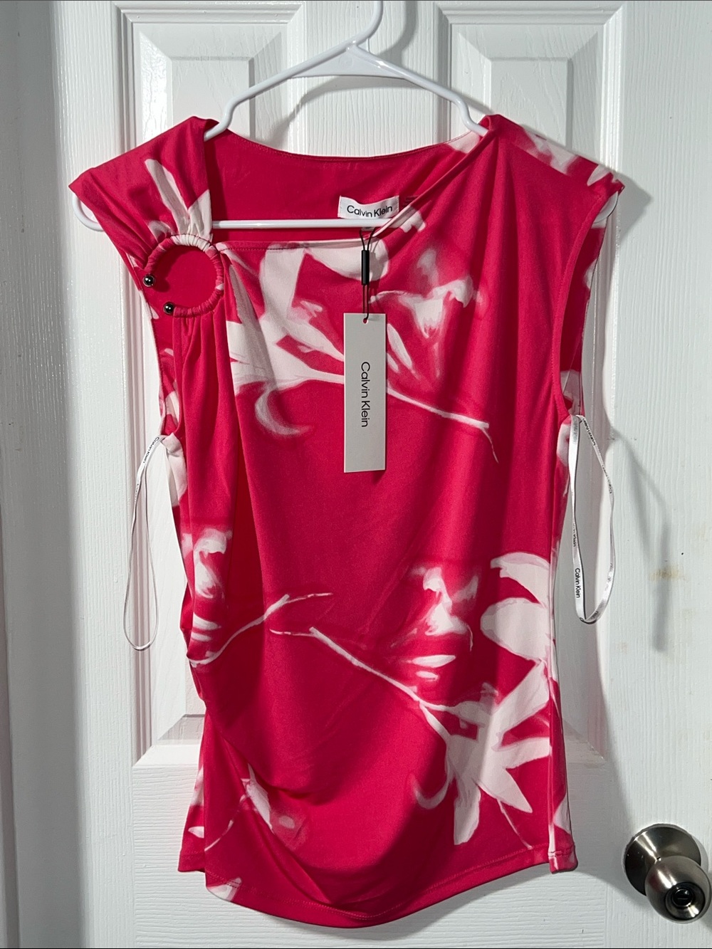 NWT Calvin Klein Hot Pink & White One-Shoulder Ring-Accent Top XS
